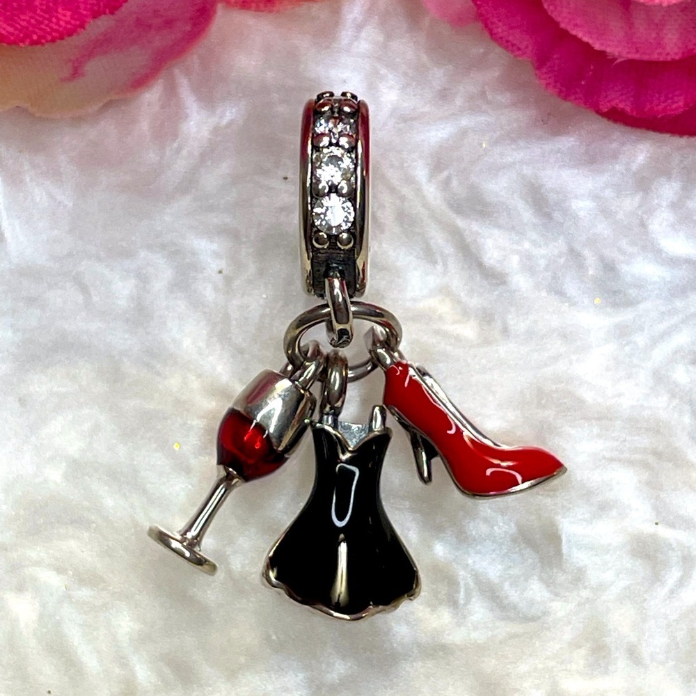 Bracelet Charm Triple Dangle Wine Glass, Black Dress, Red High Heel